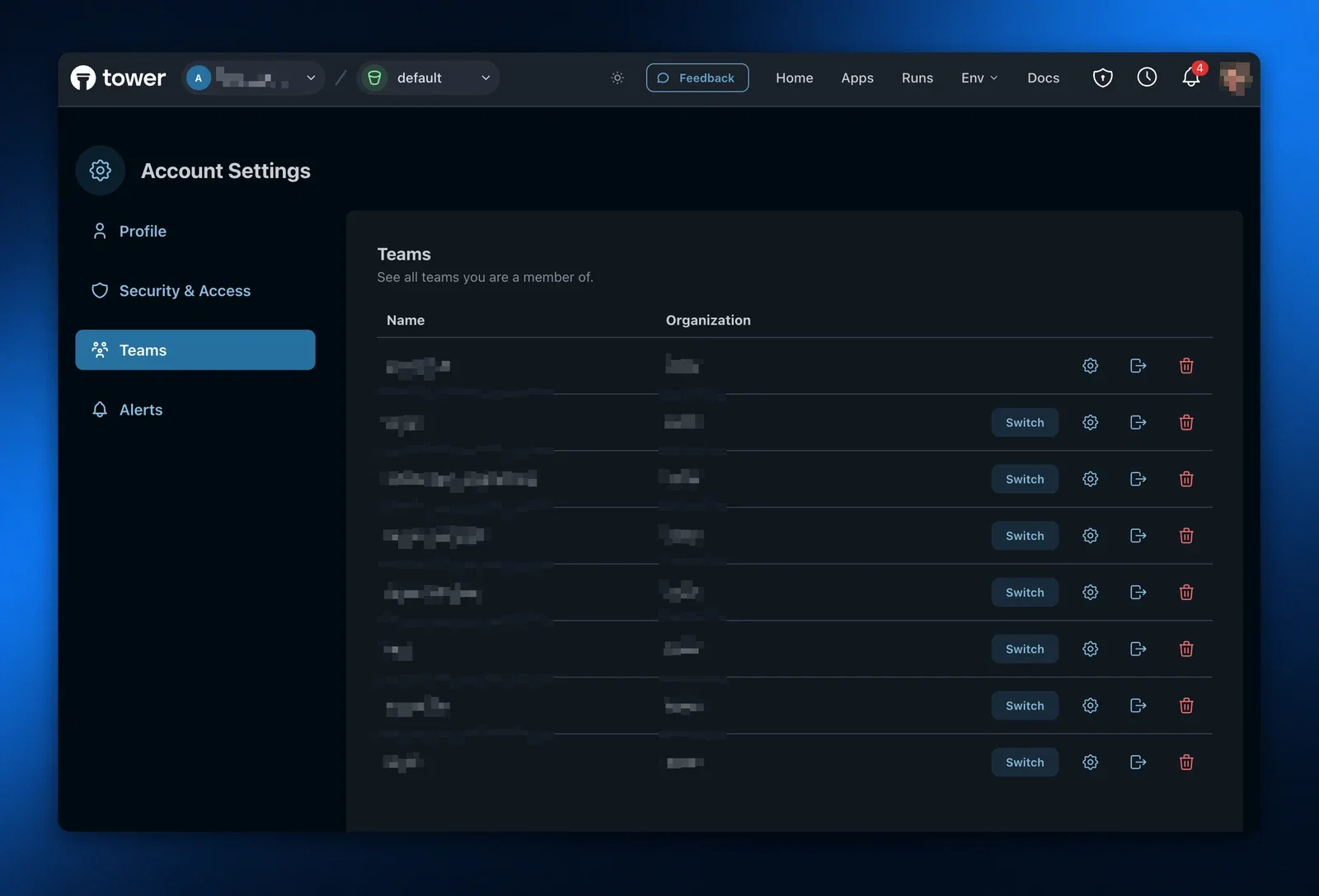Teams under Personal Settings