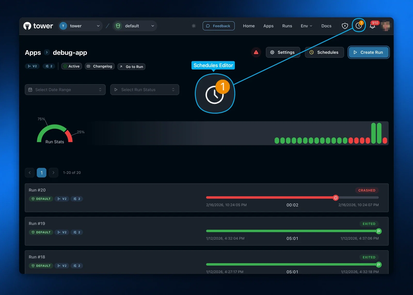 Accessing the schedules editor in Tower