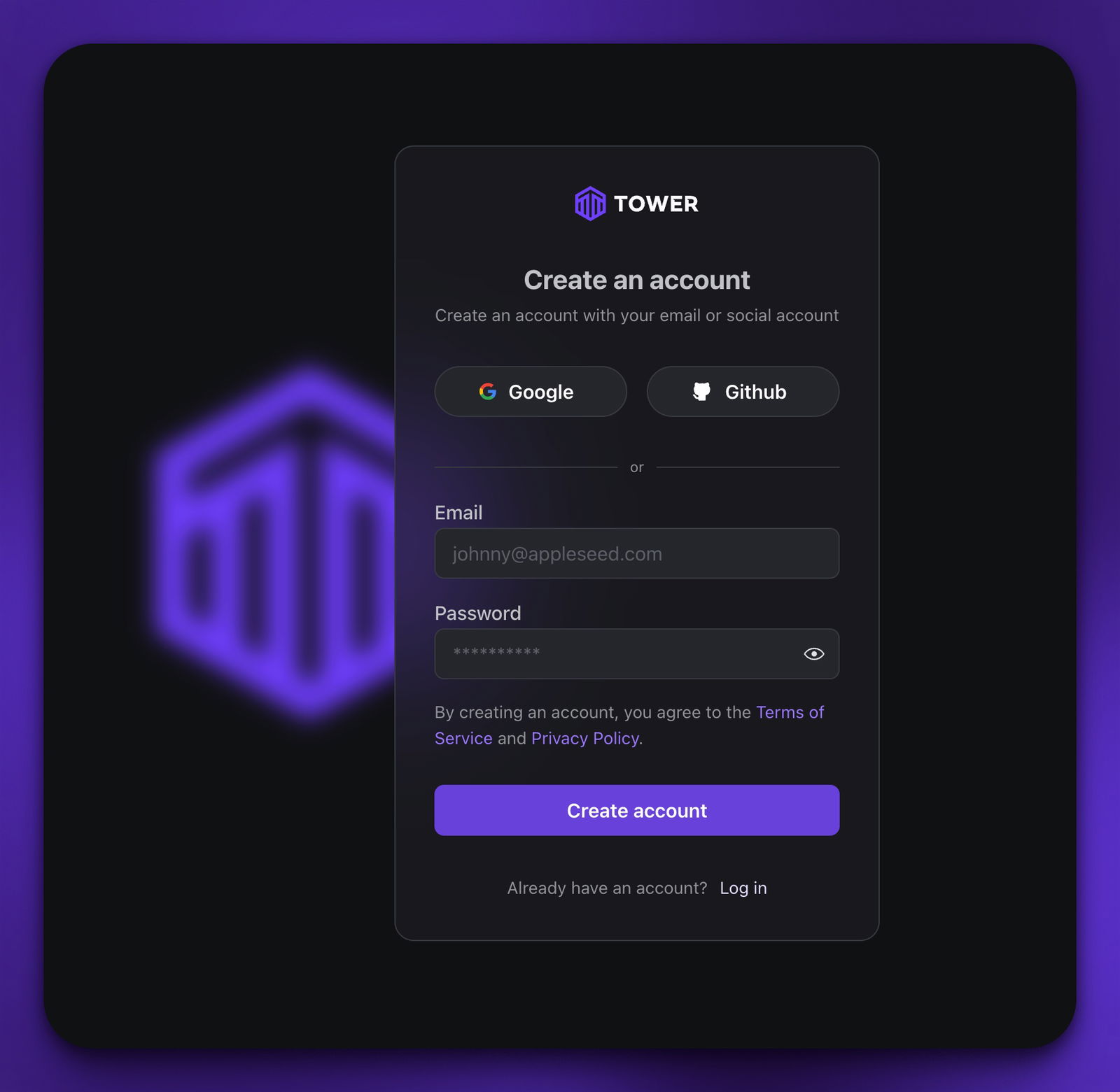Registration page in Tower