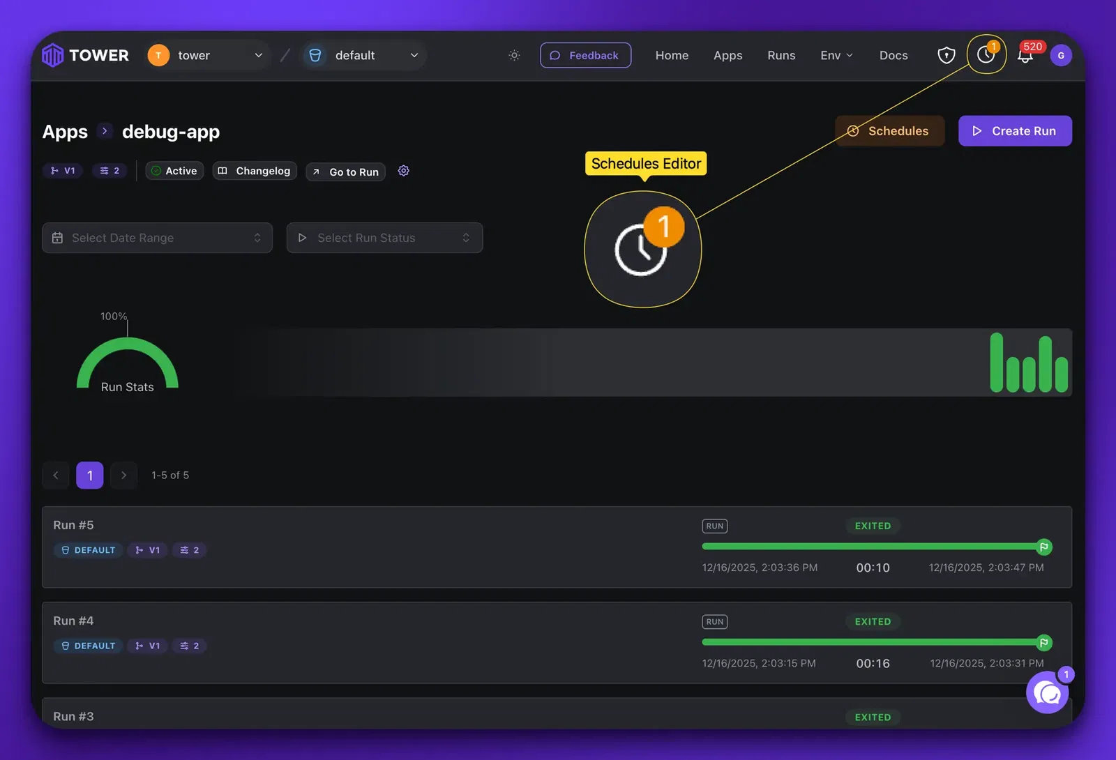 Accessing the schedules editor in Tower